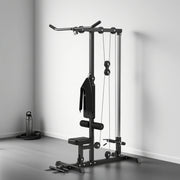 Lat Pull Down Machine, High / Low Pulley Machine with Adjustable Seat and Flip-Up Footplate, Black
